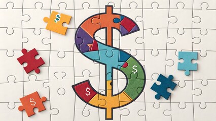 A conceptual illustration of interlocking puzzle pieces coming together to form a dollar sign, symbolizing strategic financial planning and the integration of various fiscal elements.