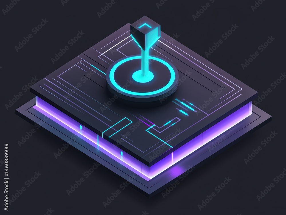 Poster isometric futuristic platform with glowing neon lights abstract technology concept digital art style