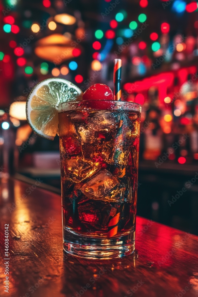 Poster refreshing cuba libre cocktail on bar top with lime and cherry in nightclub setting close up