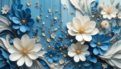 3D Paper Flower Background with Cream and Blue Floral Decoration on Blue Backdrop
