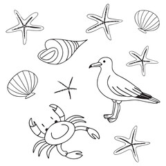 Whimsical coastal hand drawn vector illustrations