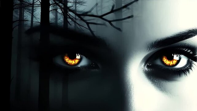 Supernatural female face with glowing amber eyes and fiery pupil runes emerges from a dark haunted forest with ghostly trees and mist, eerie atmosphere