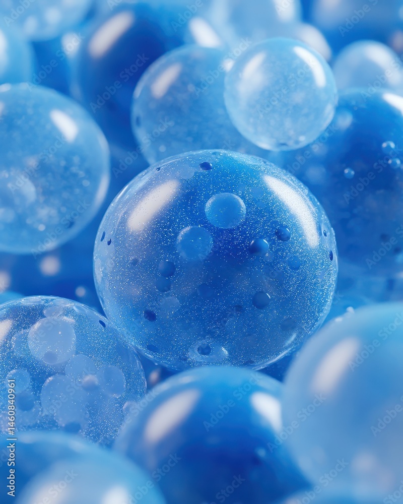 Poster abstract macro shot of blue spheres with water droplets and light reflections studio shot