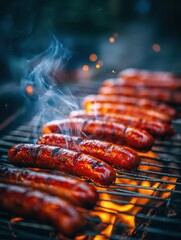 Grilling sausages on barbecue with smoke and fire close up angle delicious food cooking outdoors