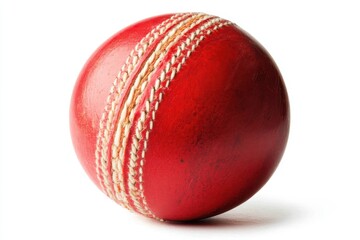 Close Up Studio Shot of a Red Leather Cricket Ball with Stitching on a White Background Still Life