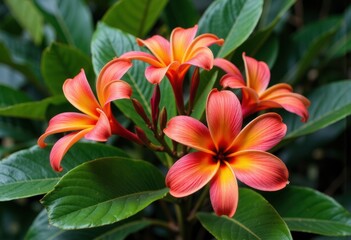 Vibrant plumeria flowers blooming with striking orange and pink hues