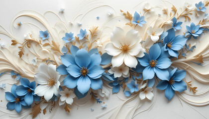 3D Paper Flower Background with Cream and Blue Floral Decoration on Blue Backdrop
