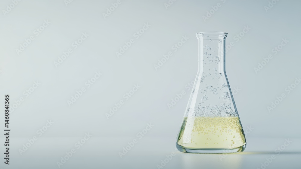 Poster laboratory erlenmeyer flask with yellow liquid and bubbles on light background still life