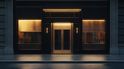 Elegant storefront facade at night, illuminated by warm lights.