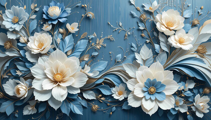 3D Paper Flower Background with Cream and Blue Floral Decoration on Blue Backdrop
