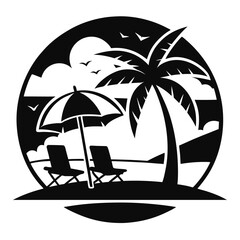Tropical Beach Scene Black Silhouette With Palm Trees Umbrellas And Birds