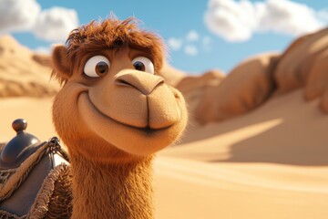 Animated Camel Portrait in Desert Landscape Smiling with Saddle Close Up Against Blue Sky and Clouds