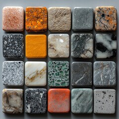 Fototapeta premium Square samples of various stone and rock types arranged in grid pattern.