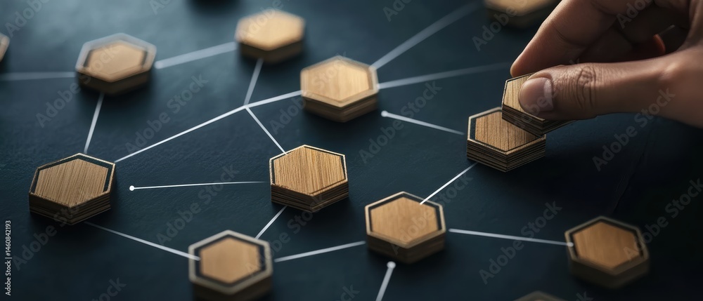 Aufkleber Hand Placing Hexagon on Network Connecting Nodes Overhead Shot Illustrating Connection Strategy and Teamwork