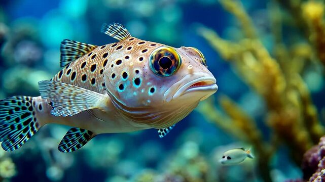 Spotfin porcupinefish swimming gracefully in a vibrant coral reef ecosystem, Spot fin porcupinefish (Diodon hystrix), also known as the spotted porcupinefish