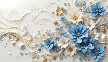 3D Paper Flower Background with Cream and Blue Floral Decoration on Blue Backdrop
