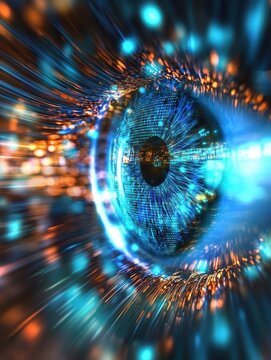 Digital eye close up abstract technology concept vision insight futuristic perspective artificial intelligence data stream