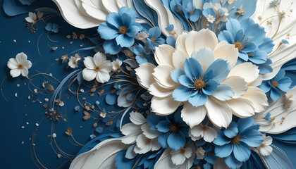 3D Paper Flower Background with Cream and Blue Floral Decoration on Blue Backdrop
