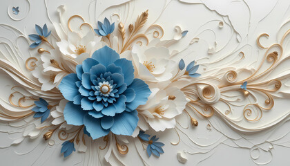 3D Paper Flower Background with Cream and Blue Floral Decoration on Blue Backdrop

