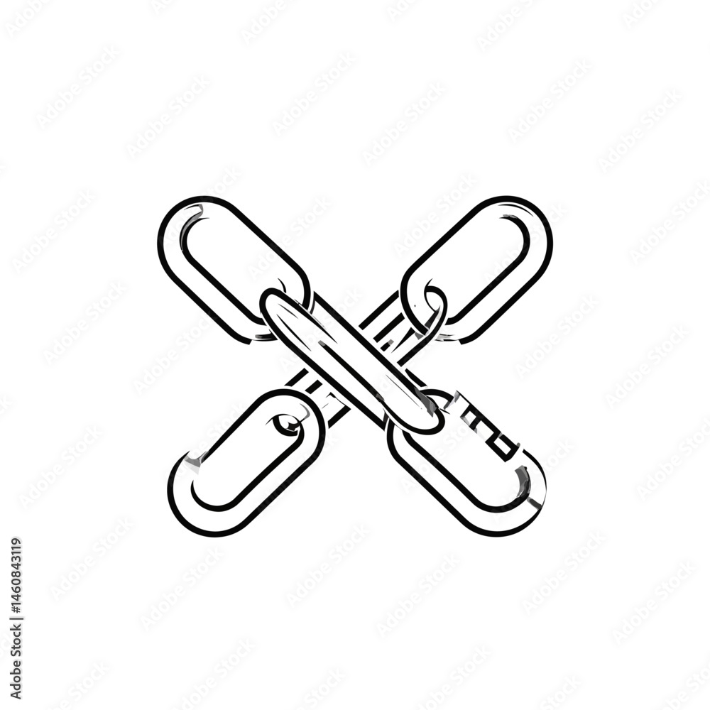Poster interlocked metal chain links form an x shape on a clean white background representing security and 