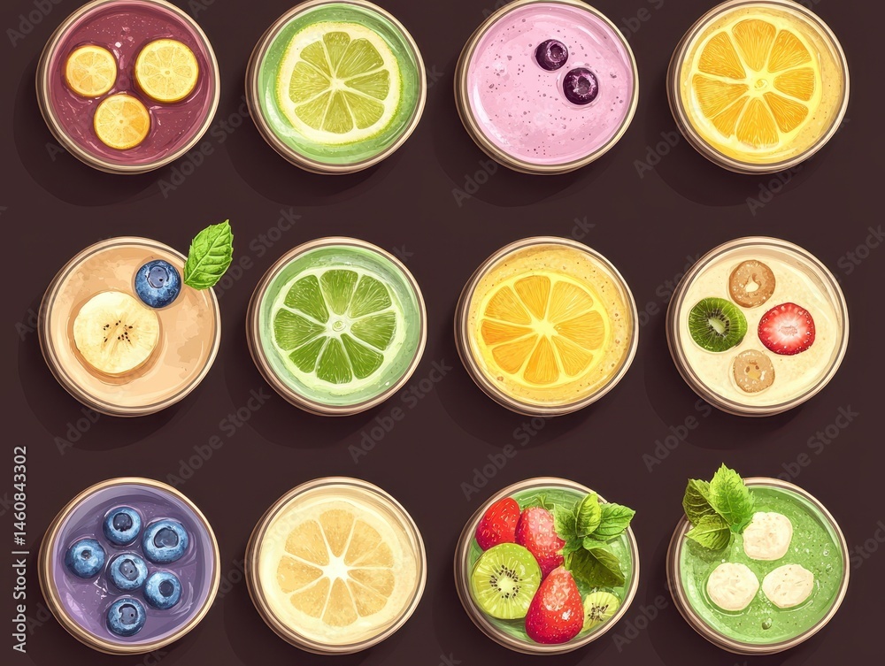 Poster top down view of colorful fruit bowls showcasing lemon lime blueberry banana kiwi and strawberry on 