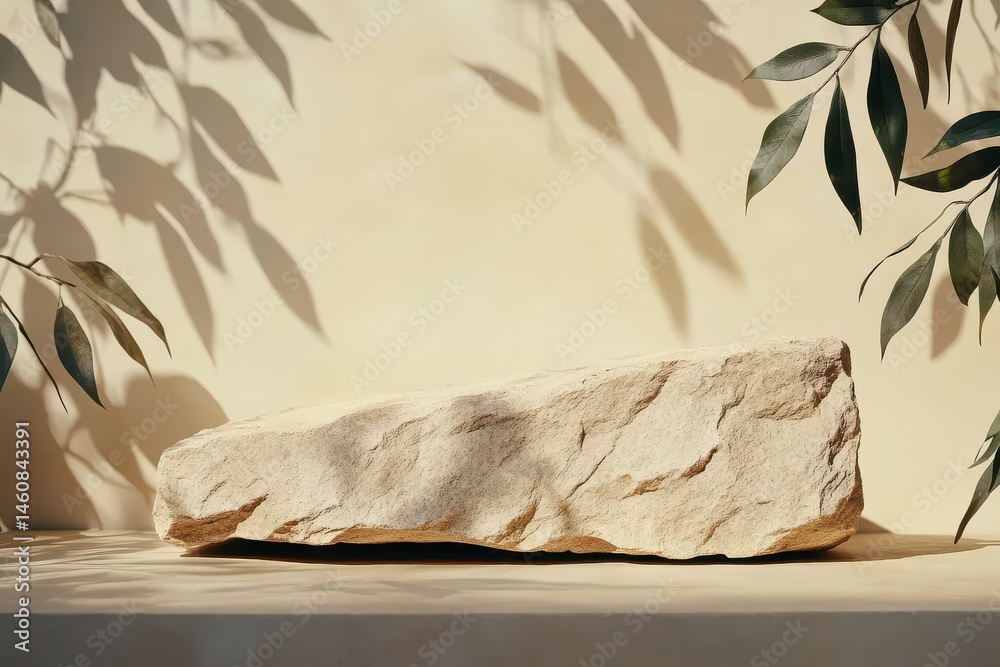 Leinwandbilder stone podium display for product presentation with leaf shadows in studio setting minimalist aesthet