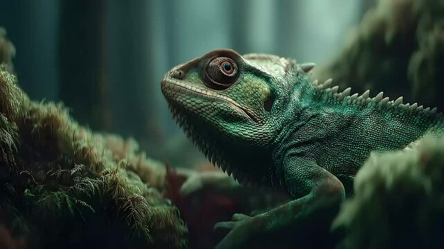 Chameleon blending with tree branches in natural sunlight