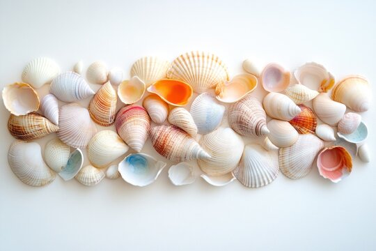 Flowing horizontal wave of seashells arranged like a ribbon in warm and cool pastels