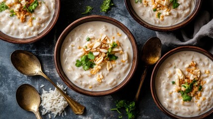 Creamy Rice Soup Bowls on Dark Background