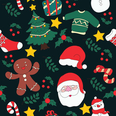 A seamless Christmas pattern with hand-drawn elements in a unique lowbrow art style for holiday-themed designs