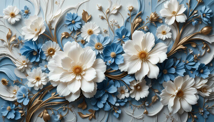 3D Paper Flower Background with Cream and Blue Floral Decoration on Blue Backdrop
