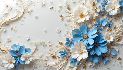 3D Paper Flower Background with Cream and Blue Floral Decoration on Blue Backdrop
