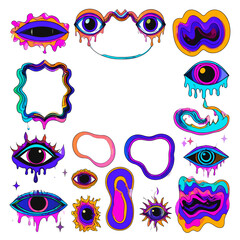 Psychedelic Art Collection featuring melting eyes and vibrant abstract shapes perfect for creative designs