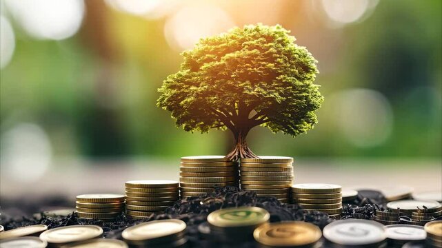 Growing wealth with stacked coins and a miniature tree on a mound of soil in a natural setting, Increasing coin stacks and tree on money pile, financial growth, space for text