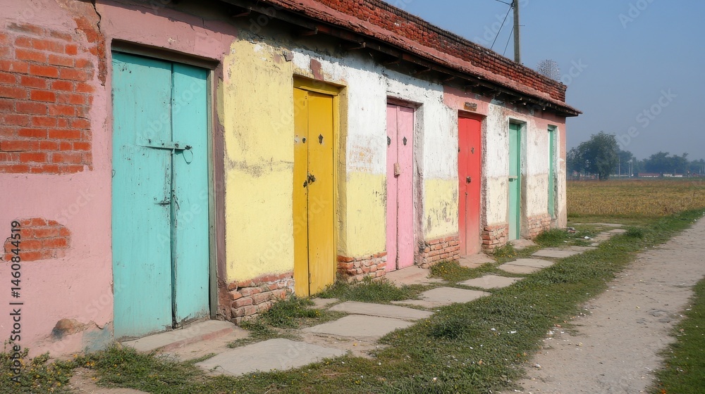 Aufkleber Row of Colorful Doors in Rural India Low Angle View Showing Weathered Facade and Simple Architecture Against a Field Landscape