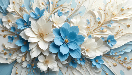 3D Paper Flower Background with Cream and Blue Floral Decoration on Blue Backdrop
