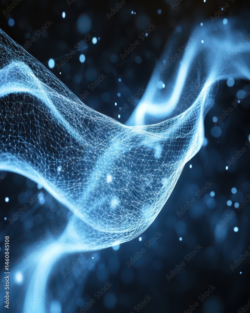 Poster Abstract blue network wave flowing with connected dots and lines on dark background digital art