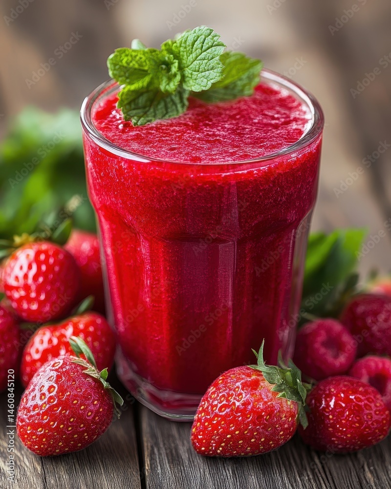 Aufkleber close-up of freshly made strawberry raspberry smoothie in glass with mint garnish on rustic wood tab