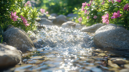 Fototapeta premium A realistic 4K side angle 3D nature background showcases a tranquil stream flowing between rocks and vibrant pink flowers under a soft, sun-drenched canopy.