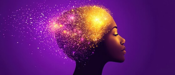 Fototapeta premium Woman Profile Sparkle Mind Concept on Purple Background Creative Illustration of Intelligence and Imagination