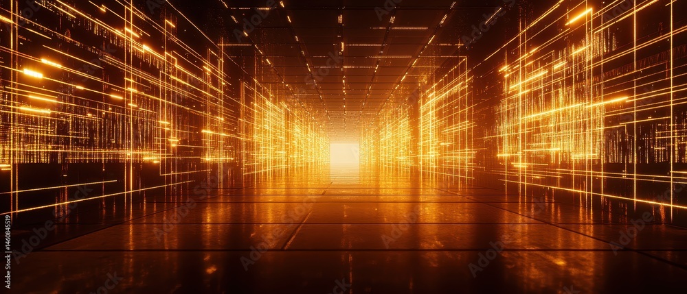 Aufkleber Futuristic corridor view with glowing lines and perspective vanishing point in a modern building abstract design concept for technology and innovation