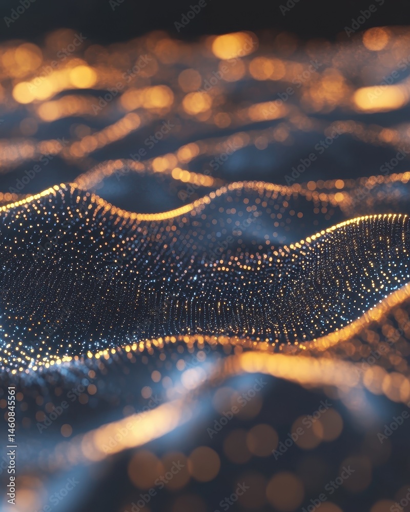 Poster Abstract Data Stream Visualization with Golden Particles Flowing in Waves Close Up Shot for Technology Background