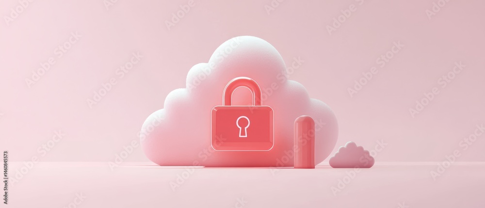 Poster Cloud Security Concept Rendering of Padlock Protecting Data in Pink Hues for Website Banner or Presentation Background