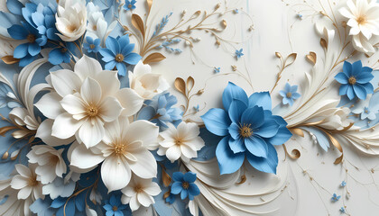 3D Paper Flower Background with Cream and Blue Floral Decoration on Blue Backdrop
