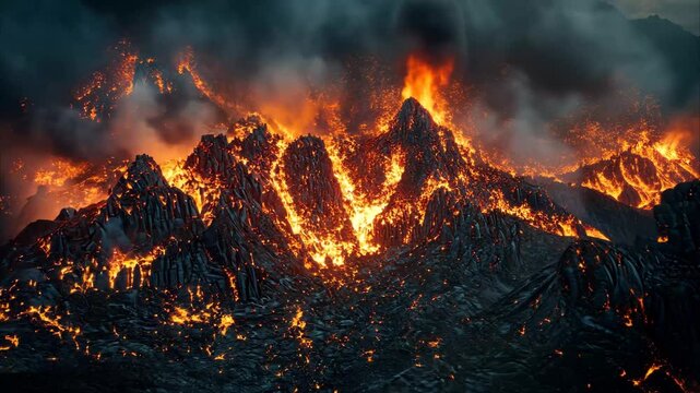 Aerial view of intense arson attack spreading flames across mountainous vegetation, Aerial circling arson attack on mountain vegetation