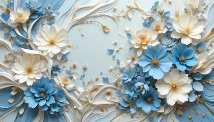 3D Paper Flower Background with Cream and Blue Floral Decoration on Blue Backdrop
