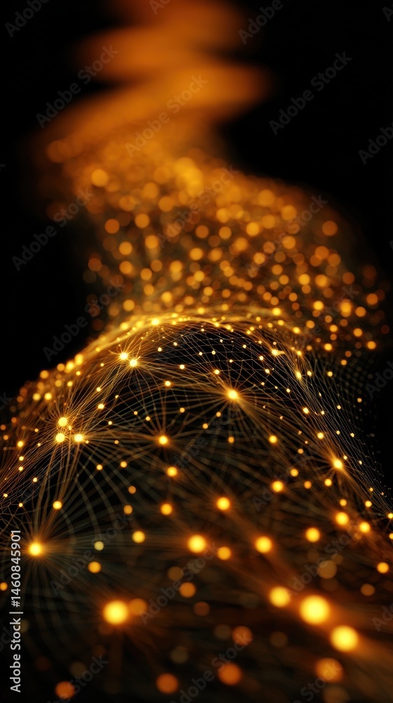 Poster Golden Network of Light Points on Black Background Abstract Futuristic Design Concept