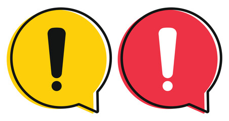Hazard warning attention exclamation red and yellow speech bubble icon isolated on white background.
