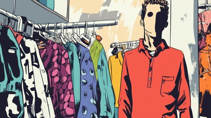 A fashionable individual browsing a vibrant clothing rack in a trendy boutique, surrounded by colorful apparel