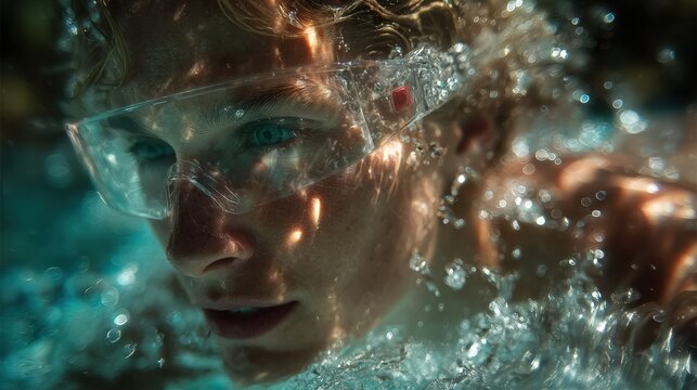 Woman underwater in a pool scene with augmented reality glasses overlaying a swimmer in focus and fluid motion - Powered by Adobe